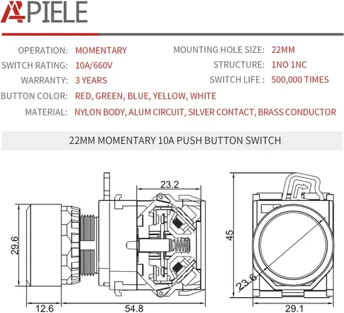Miniatura 2 de APIELE Interruptor de botón momentáneo de 22MM 1NO 1NC Cabeza de metal LA36A-11BN-BLK (negro)