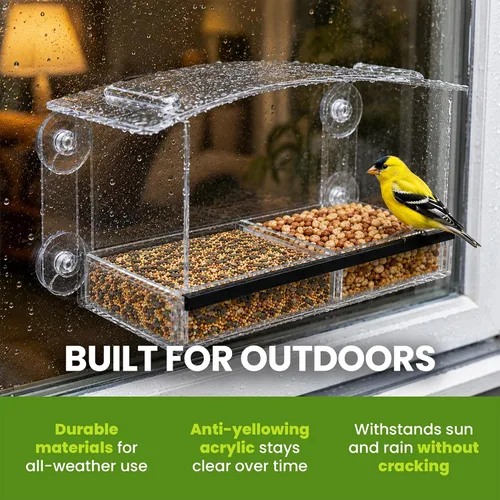 Miniatura 7 de Nature Gear Comedero de pájaros acrílico transparente con ventosas fuertes, bandeja deslizante extraíble para semillas, resistente a la intemperie