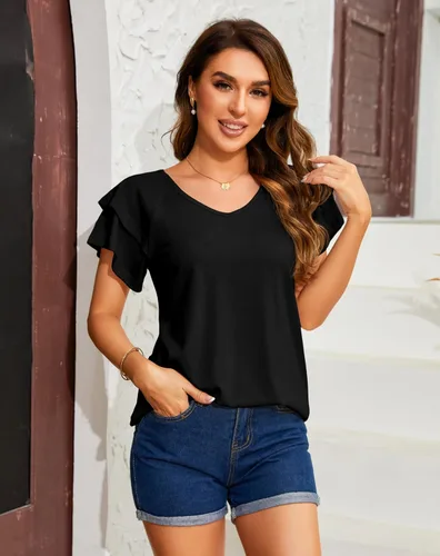 Miniatura 3 de DSPSAM Summer Tops for Women 2023 Puff Sleeve Business Casual Dressy Ladies Blouses V-Neck Shirt Loose Fit Tunic