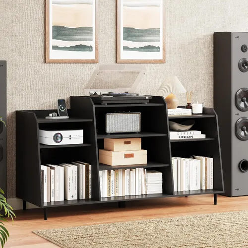 Miniatura 5 de Rresyet - Soporte para tocadiscos de 55 pulgadas con estación de carga, armario de almacenamiento de discos de vinilo de 4 niveles con estantes