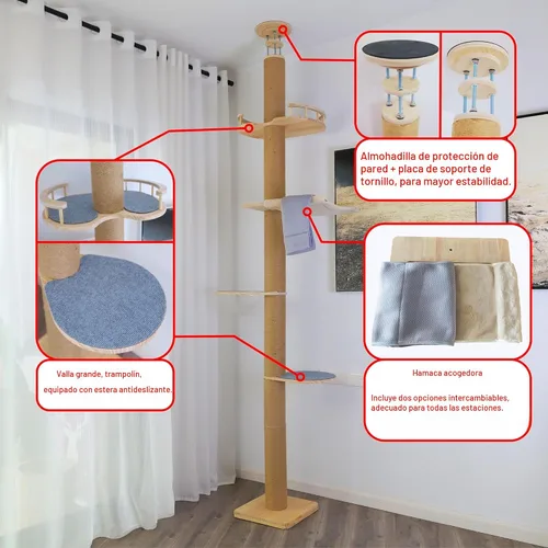 Miniatura 2 de Árbol para gatos del piso al techo con poste rascador de cuerda de sisal natural, altura ajustable (55-119 pulgadas), árbol de actividades