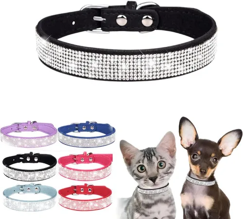 Collar para perro con diamantes de imitación, collar de cuero elegante para gatos y gatos, talla XXS XS, S, M, L, XL, XXL, color negro, XS