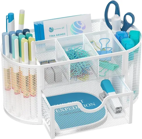 SUPEASY Organizador de escritorio de malla, accesorios de escritorio y organizadores de espacio de trabajo con cajones, soporte para lápices para