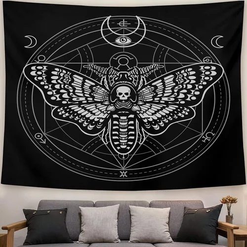 Miniatura 3 de SPXUBZ Tapiz de pared de Halloween, polilla, cabeza muerta, círculo místico, símbolo esotérico, geometría sagrada, signo de la luna, decoración