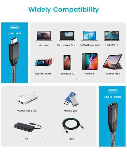 Miniatura 7 de Cable de extensión USB C, 2 pies / 2.0 ft USB 3.1 Gen 2 tipo C macho a hembra cable extensor compatible con PD 100W/10Gbps/4K @60Hz salida de video