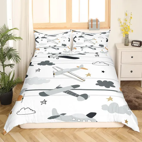 Miniatura 12 de Erosebridal Funda de edredón de avión tamaño individual, juego de ropa de cama de aviones de dibujos animados para adolescentes, color verde azulado