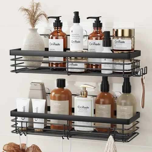 Orimade Organizador de ducha con 5 ganchos para colgar maquinilla de afeitar y esponja, estante de ducha adhesivo, cesta de almacenamiento de baño,