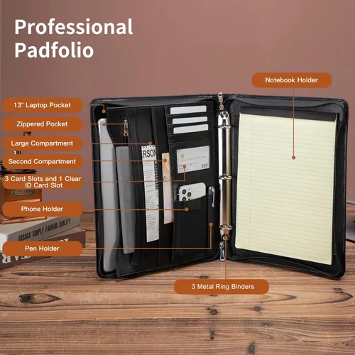 Miniatura 7 de Portafolio de cuero con carpeta de 3 anillas, padfolio de cuero vegano con cremallera, portafolio organizador profesional de negocios para regalo