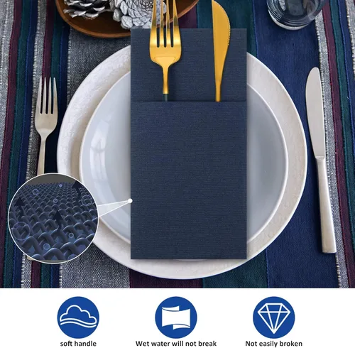 Miniatura 4 de Cindeer 150 piezas de servilletas de cena azul marino con sensación de lino, bolsillo plano incorporado, preplegadas, servilletas de papel 2-Azul