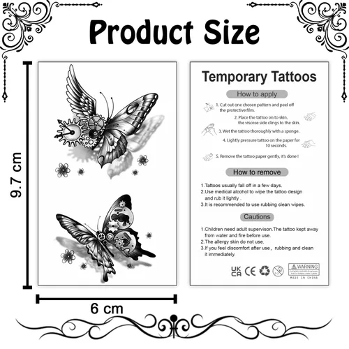 Miniatura 6 de Cerlaza 20 hojas de tatuajes temporales de mariposa negra para mujeres adultas, 120 estilos de mariposas pequeñas, tatuajes falsos impermeables