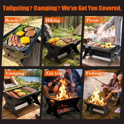 Miniatura 5 de Foldable 3-in-1 Charcoal Wood Gas Camping Grill with Pull-Out Removable Griddle Plate & Carry Bag, Portable BBQ Fire Pit Grill for Backpacking