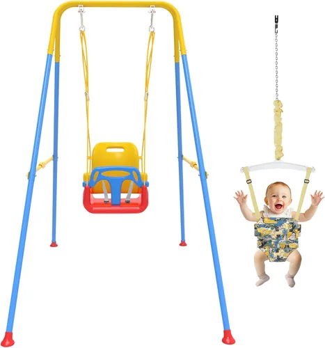 Columpio 2 en 1 para niños pequeños y saltador para bebé, rebotador para bebé plegable con cojín suave, para uso en interiores y exteriores, fácil