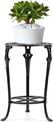 MDLUU Soporte para plantas de 18.8 pulgadas de alto, soporte para plantas en maceta de hierro fundido, soporte de maceta de metal de 2 niveles, Negro