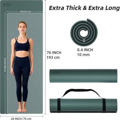 Miniatura 3 de ILILI Tapete de yoga 10mm extra grueso y 193cm extra largo, 76x28x0.4 pulgadas, material TPE antideslizante de doble color, fácil de transportar