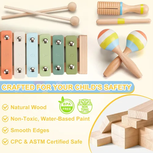 Miniatura 5 de Juego de instrumentos musicales para bebés, juguetes de música de madera Montessori para niños pequeños de 3, 4, 5 años, kit de música de percusión