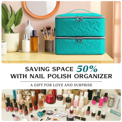 Miniatura 3 de DreamGenius Estuche organizador de esmalte de uñas con capacidad para 42 botellas, bolsa portátil de almacenamiento de esmalte de uñas de doble capa