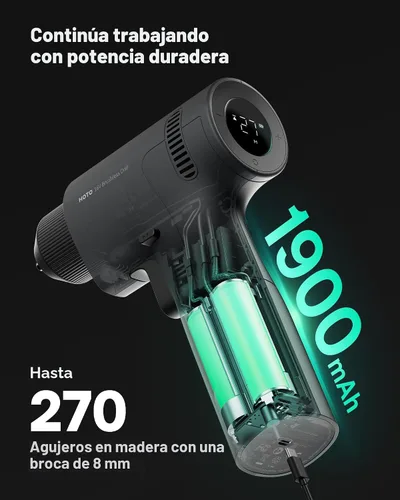 Miniatura 7 de HOTO Taladro de potencia sin escobillas de 16 V, alto par de 50 N·m con pantalla inteligente, modo automático y luz LED, 10 bits, 5 brocas