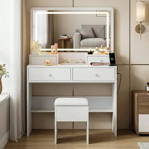 Miniatura 7 de FUXA Escritorio de maquillaje con espejo LED y estación de carga, juego de mesa de tocador con cajón de almacenamiento y silla para dormitorio