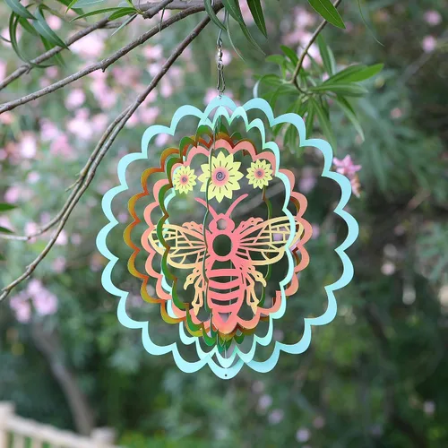 Miniatura 2 de Kinetic - Adorno colgante de metal 3D con diseño de abeja y viento para el hogar y el jardín, diseño de mandala de abeja de 12 pulgadas, molinos