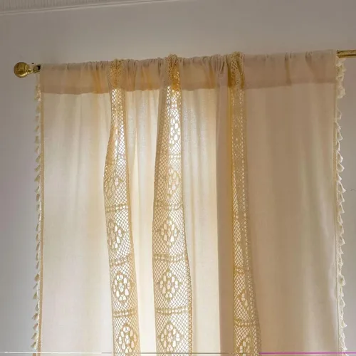 Miniatura 49 de Deeprove Cortinas bohemias para dormitorio, rayas huecas de ganchillo crema y estampado floral, tela de lino de algodón, con borlas beige bohemias