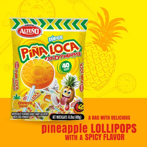 Miniatura 3 de Alteño (Alteno) Super Piña Loca - Paletas de chile y piña, caramelo duro picante estilo mexicano, envueltas individualmente, 40