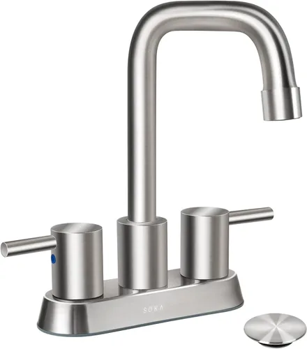 Miniatura 19 de SOKA Grifo de baño central de dos asas para fregadero de acero inoxidable de arco alto con placa de cubierta y montaje de drenaje desplegable
