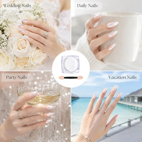 Miniatura 6 de Polvo de uñas de cromo perla para uñas de gel, polvo de uñas con efecto espejo Aurora blanco, pigmento nacarado iridiscente para arte de uñas