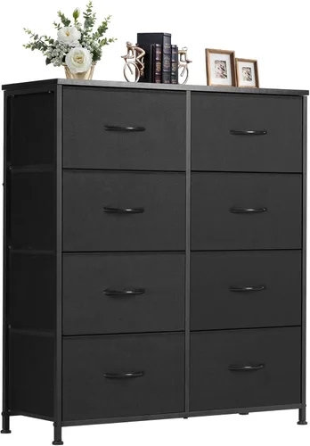 Miniatura 14 de DUMOS Cómoda para dormitorio, organizador de almacenamiento con 9 cajones, cómoda con cubos de tela, marco de metal resistente, mesa de madera