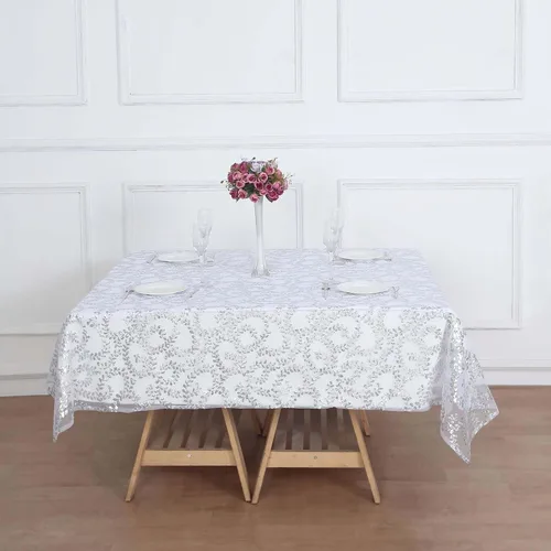 Miniatura 4 de Efavormart - Superposición de mesa de tul bordado de hojas de lentejuelas plateadas de 72 x 72 pulgadas, mantel cuadrado transparente Plateado