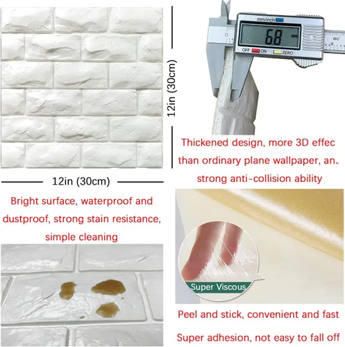 Miniatura 5 de Paneles de Pared 3D Despegar y Pegar 11PCS Papel Tapiz de Ladrillo de Espuma Blanca para Dormitorio Panel de Pared de Piedra Falsa Autoadhesivo
