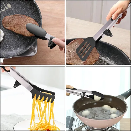 Miniatura 2 de Juego de pinzas de cocina de acero inoxidable 4 en 1 para cocinar con puntas de silicona, tostadora de bistec, pizza, pasta, espagueti, fideos, Negro