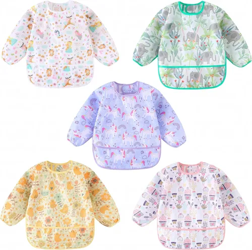 Miniatura 9 de Baberos de manga larga HaimoBurg, paquete de 5, baberos ligeros impermeables para bebés y niños pequeños de 6 a 30 meses