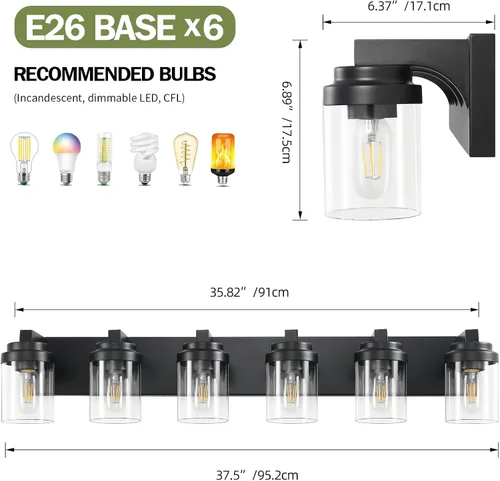 Miniatura 3 de Luces de tocador, lámparas de baño de 38 pulgadas sobre espejo, 6 luces de tocador de baño con pantalla de vidrio transparente, lámparas de pared