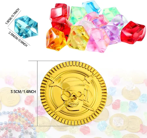 Miniatura 2 de Crowye Juego de 180 monedas falsas del tesoro pirata, gemas de plástico y collar de cuentas, juego de joyas para piratas aventuras, carnaval