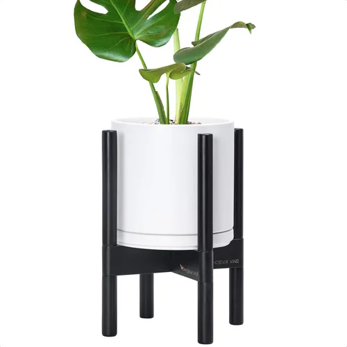 Miniatura 16 de D'vine Dev Maceta de cerámica con soporte de ébano – Maceta redonda moderna de 8 pulgadas con soporte para maceta de madera, color negro, 55-B-M-2