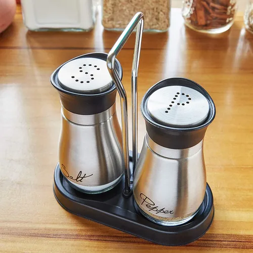 Miniatura 4 de Set de salero y pimentero – Alto grado de acero inoxidable con fondo de vidrio y 4 pies de altura – 4 x 6 x 2 pulgadas 4 onzas.