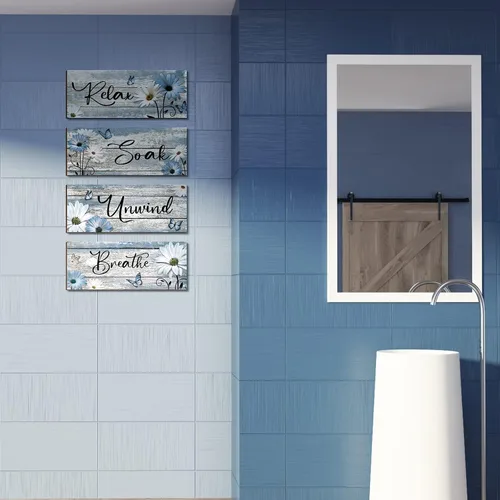 Miniatura 4 de Sunnyray 4 carteles de decoración de pared de baño de granja, margaritas y mariposas, arte de pared para baño, relajarse y relajarse, respirar, Azul