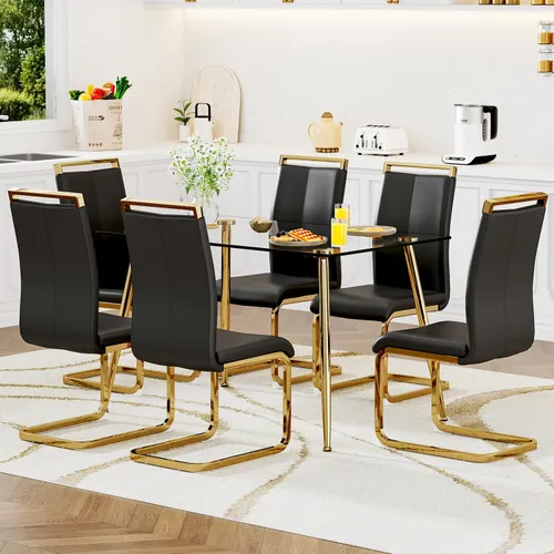 Miniatura 13 de Juego de mesa de comedor de vidrio Ebullient para 4, mesa de 51" de vidrio templado transparente con patas de metal negro y 4 sillas de acrílico