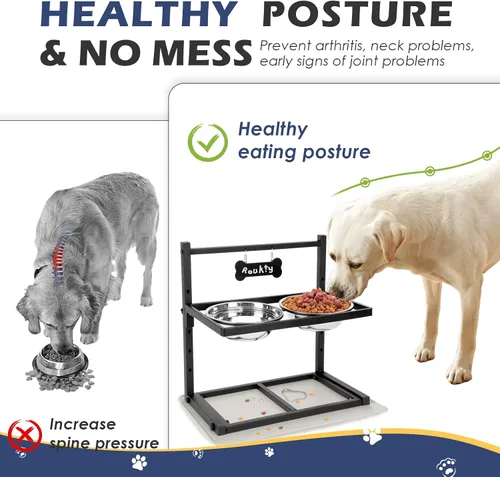 Miniatura 2 de ADENGL Tazones elevados para perros con alimentador lento, 5 alturas ajustables, antideslizante, marco de metal duradero, tapete a prueba de Negro