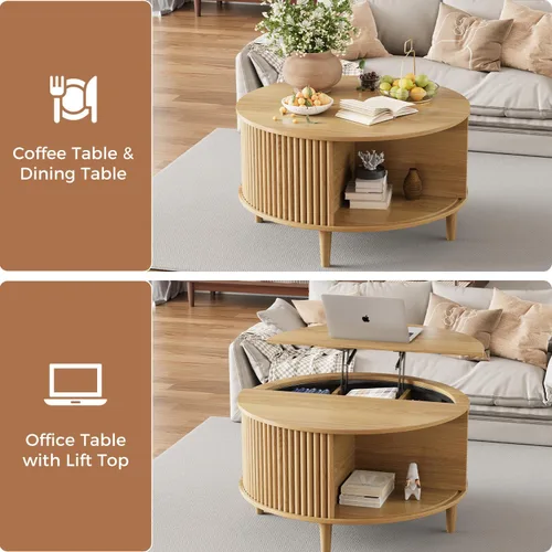 Miniatura 5 de Mesa auxiliar con tapa elevable y almacenamiento, mesa central redonda acanalada con puerta de armario deslizante, mesa pequeña circular para sala