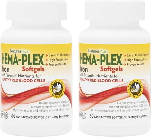 NaturesPlus Hema-Plex Iron - 60 cápsulas blandas de acción rápida - Paquete de 2 - 85 mg de hierro + vitamina C y bioflavonoides para glóbulos rojos