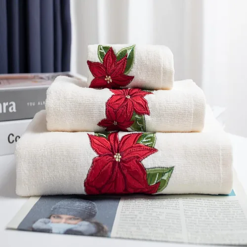 Miniatura 9 de Decoración de Navidad de Marina, lujo premium ultra suave, 100% algodón bordado, juego de toallas de baño moderno de 3 piezas, rojo con base