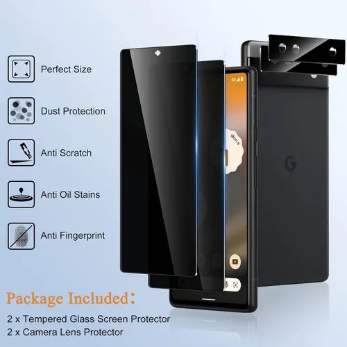 Miniatura 7 de [Paquete de 2+2] Protector de pantalla de privacidad para Google Pixel 6A [6.1 pulgadas] con protector de lente de cámara, vidrio templado