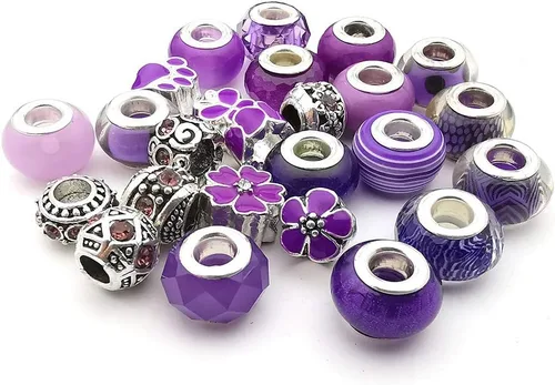 Miniatura 3 de 50 piezas de cuentas surtidas de resina púrpura de imitación de vidrio europeo con agujeros grandes, cuentas de diamantes de imitación de metal