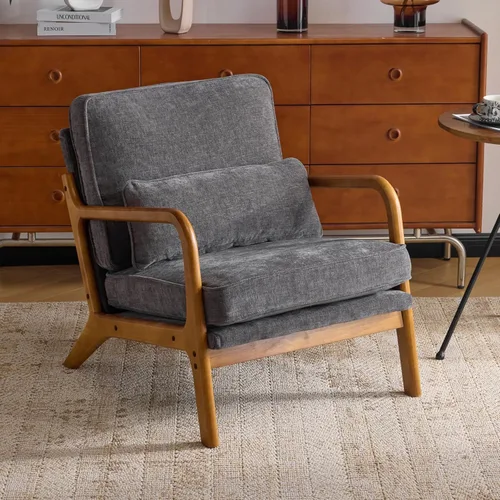 Miniatura 13 de Karl home Silla de acento moderna de mediados de siglo con cojín, tapizada en tela de lino, silla de salón con brazo, estructura sólida de madera