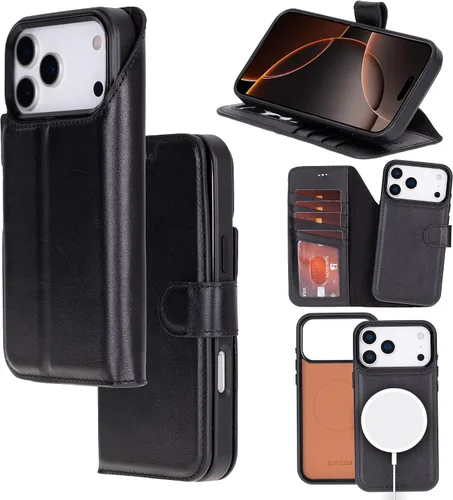 Miniatura 23 de Bayelon Funda tipo cartera para iPhone 15 Pro Max, de cuero de grano completo, cubierta abatible magnética desmontable, tarjetero, funda tipo Marrón