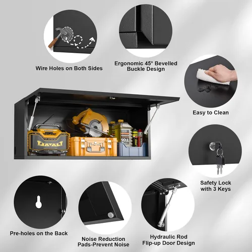 Miniatura 5 de Armario de almacenamiento de metal para garaje con puerta abatible, pequeños armarios de garaje montados en la pared con cerradura, gabinete de Negro