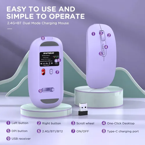 Miniatura 6 de RAPIQUE Ratón inalámbrico Bluetooth, multidispositivo recargable (tres modos: BT1/BT2+2.4G) Ratones de computadora con receptor USB, mouse
