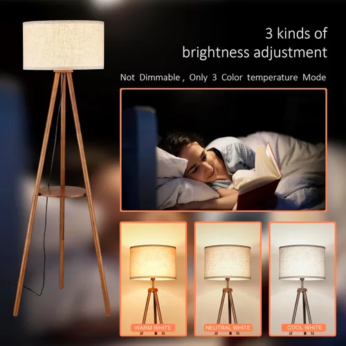 Miniatura 3 de Lámpara de pie trípode de madera BTP, luz de pie de granja con estante de madera y pantalla de tambor para sala de estar, dormitorio, oficina