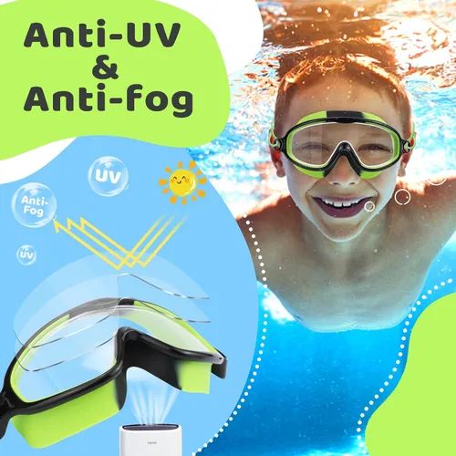 Miniatura 5 de Vvinca Gafas de natación para niños con correa elástica amplia visión anti niebla UV máscara de piscina gafas para 3-10 niños pequeños niñas niños